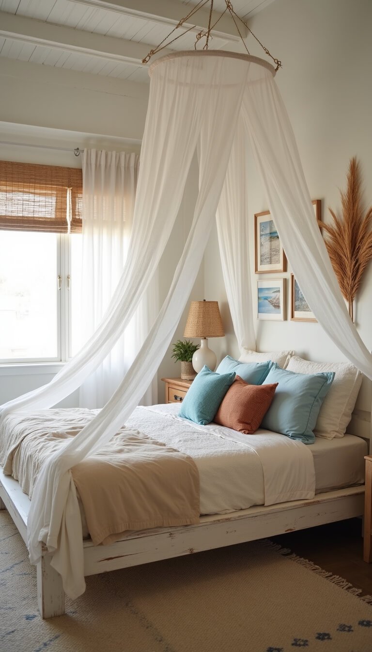 Tranquil bohemian coastal bedroom at dawn with muslin canopy bed, layered linens, bamboo blinds, soft lighting, and natural decor elements.