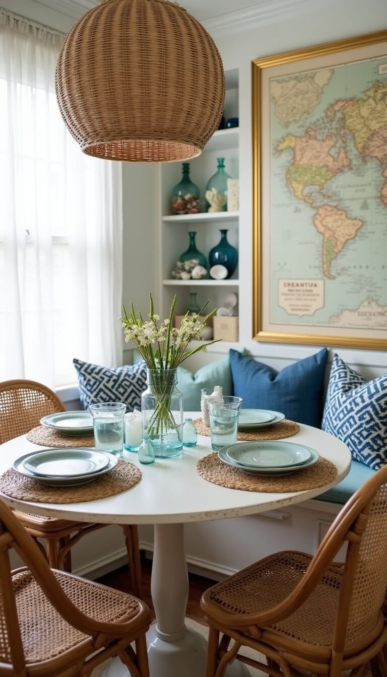 Boho beach-style breakfast nook with round whitewashed table, eclectic seating, ocean-inspired table setting, and vintage coastal decor in natural light.