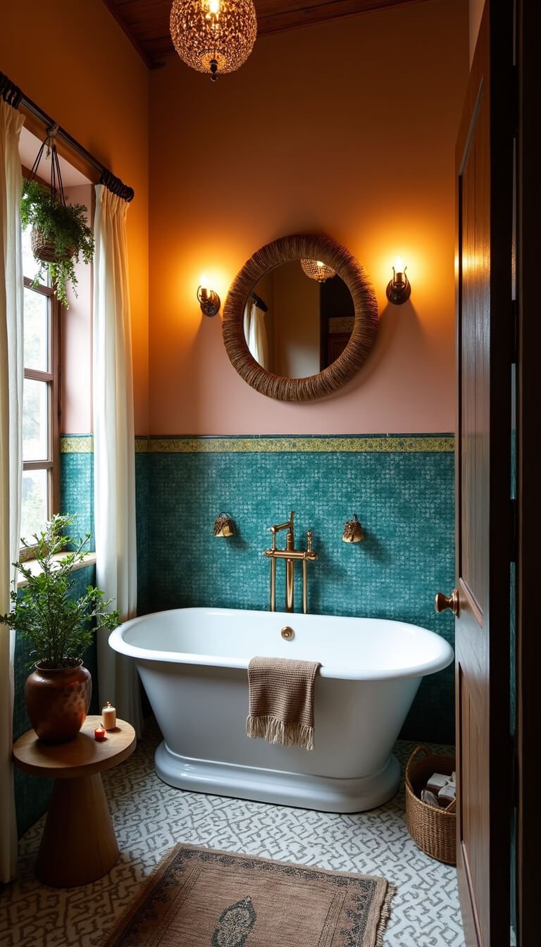 Bohemian-style bathroom at dusk with a freestanding tub, turquoise zellige tiles, candlelight, rattan mirror, encaustic tile floor, and lush decorative elements.
