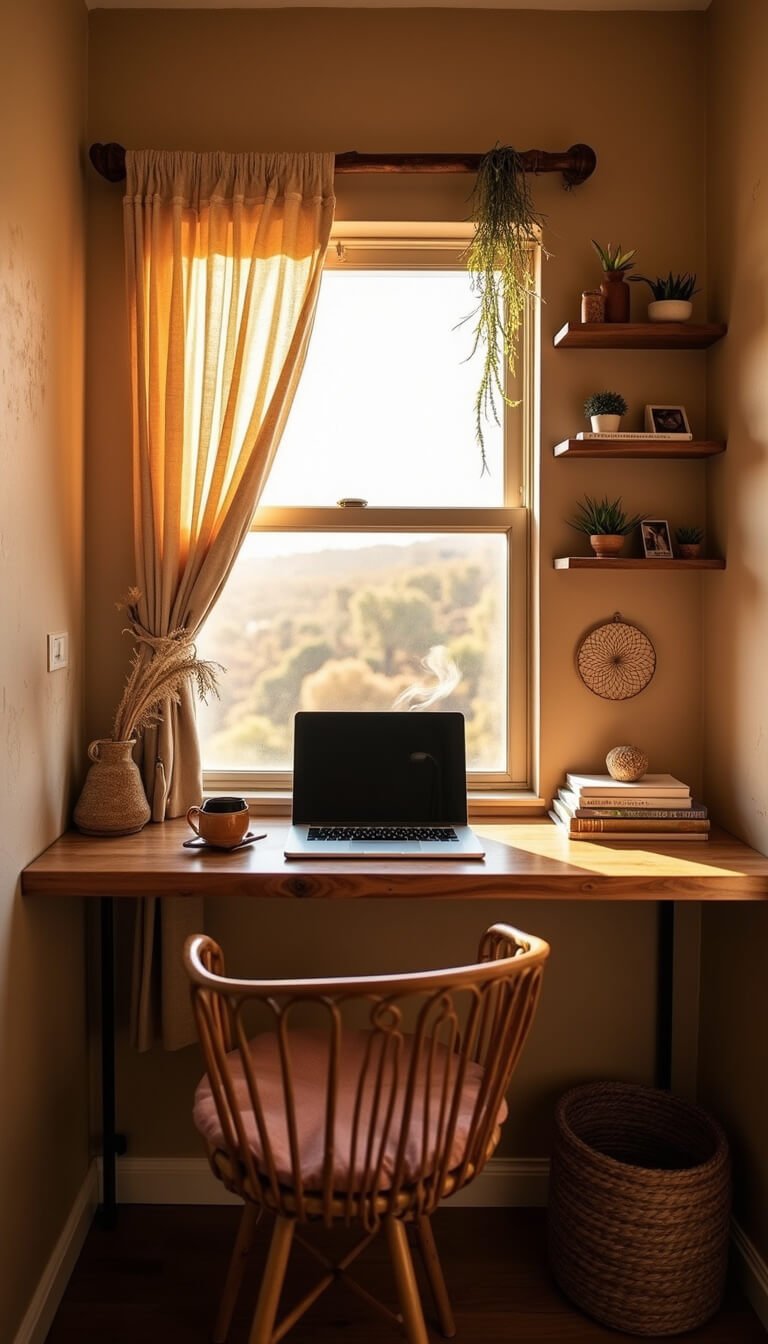 Cozy sunset-lit home office nook in a converted closet with reclaimed wood desk, rattan chair, macramé curtains, and warm decor including plants, books, and incense smoke.