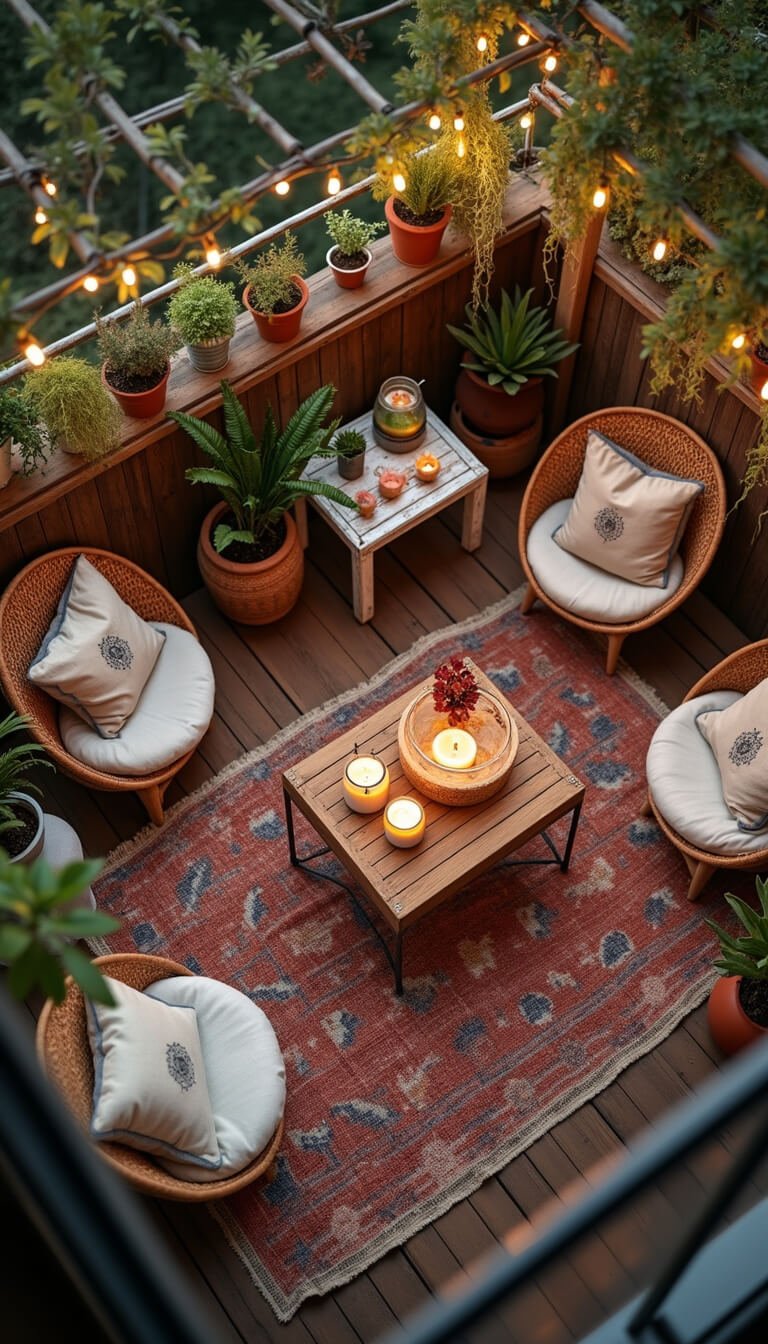 Overhead view of a cozy boho-style apartment balcony at sunset with vintage kilim rugs, floor cushions, rattan lanterns, string lights, and lush plants creating a warm, intimate oasis.