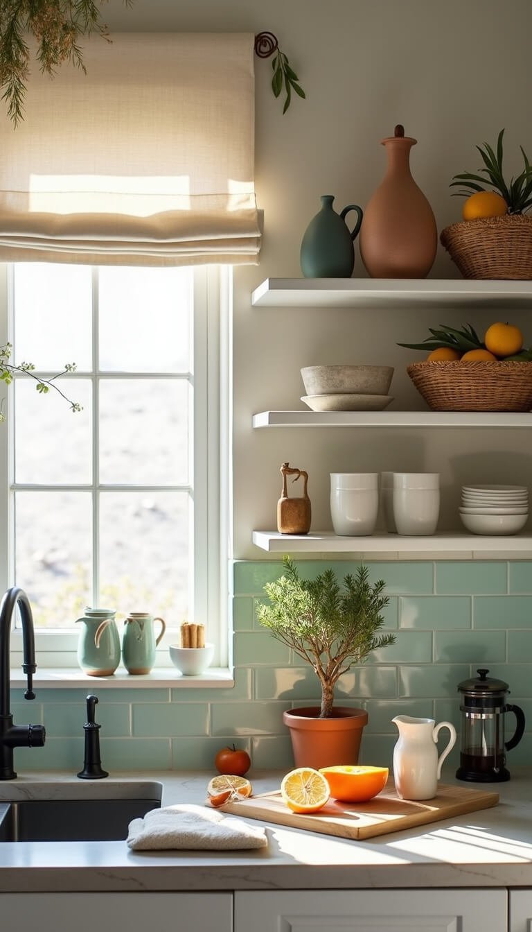 Morning sunlight fills a cozy 10x12ft kitchen with open shelving displaying handmade pottery, fresh fruit baskets, and hanging dried herbs, while citrus slices, mugs, and a French press rest on a concrete counter beside a potted olive tree and pale blue subway tiles.