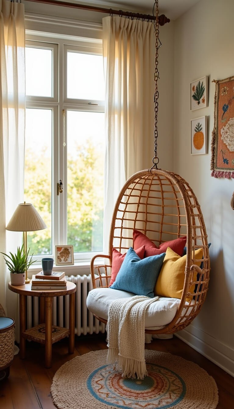 Boho-style reading nook in a bay window with a hanging rattan chair, layered rugs, brass floor lamp, vintage side table, and sheer curtains gently billowing in golden afternoon light.