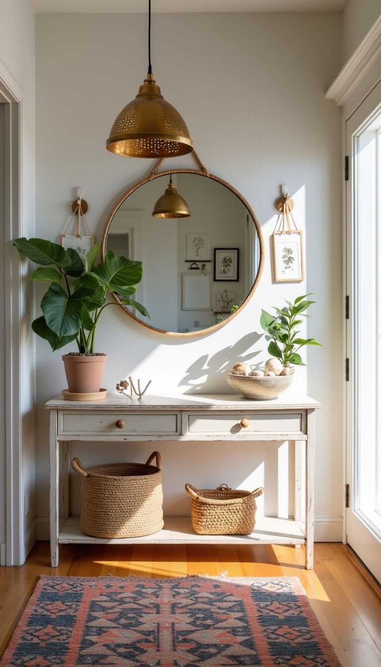 Bohemian apartment entryway with whitewashed console table, macramé mirror, kilim runner, hanging baskets, and coastal decor in natural light.