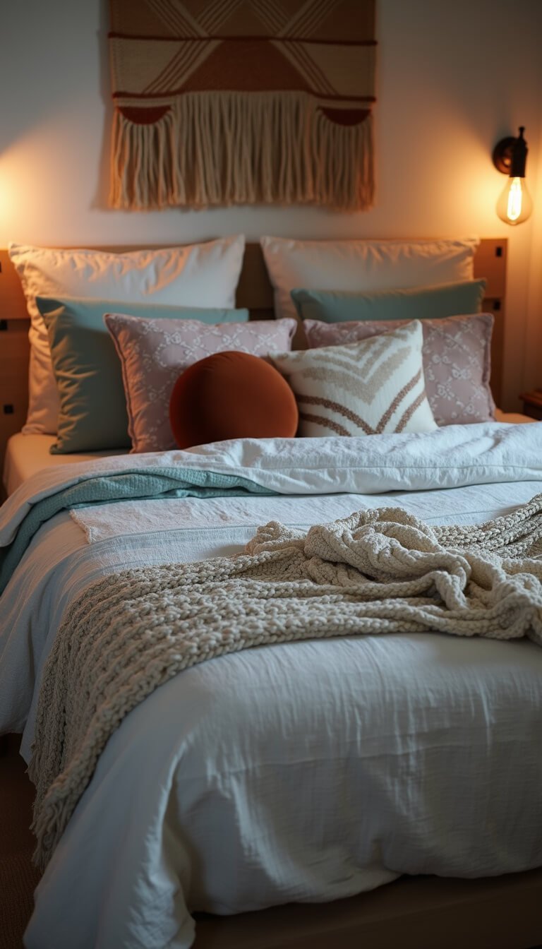 Close-up of a king-sized bed at dusk with layered natural textiles, including linen sheets, patterned coverlet, assorted pillows, and a chunky knit throw, set against a
</p></noscript>
<div class=