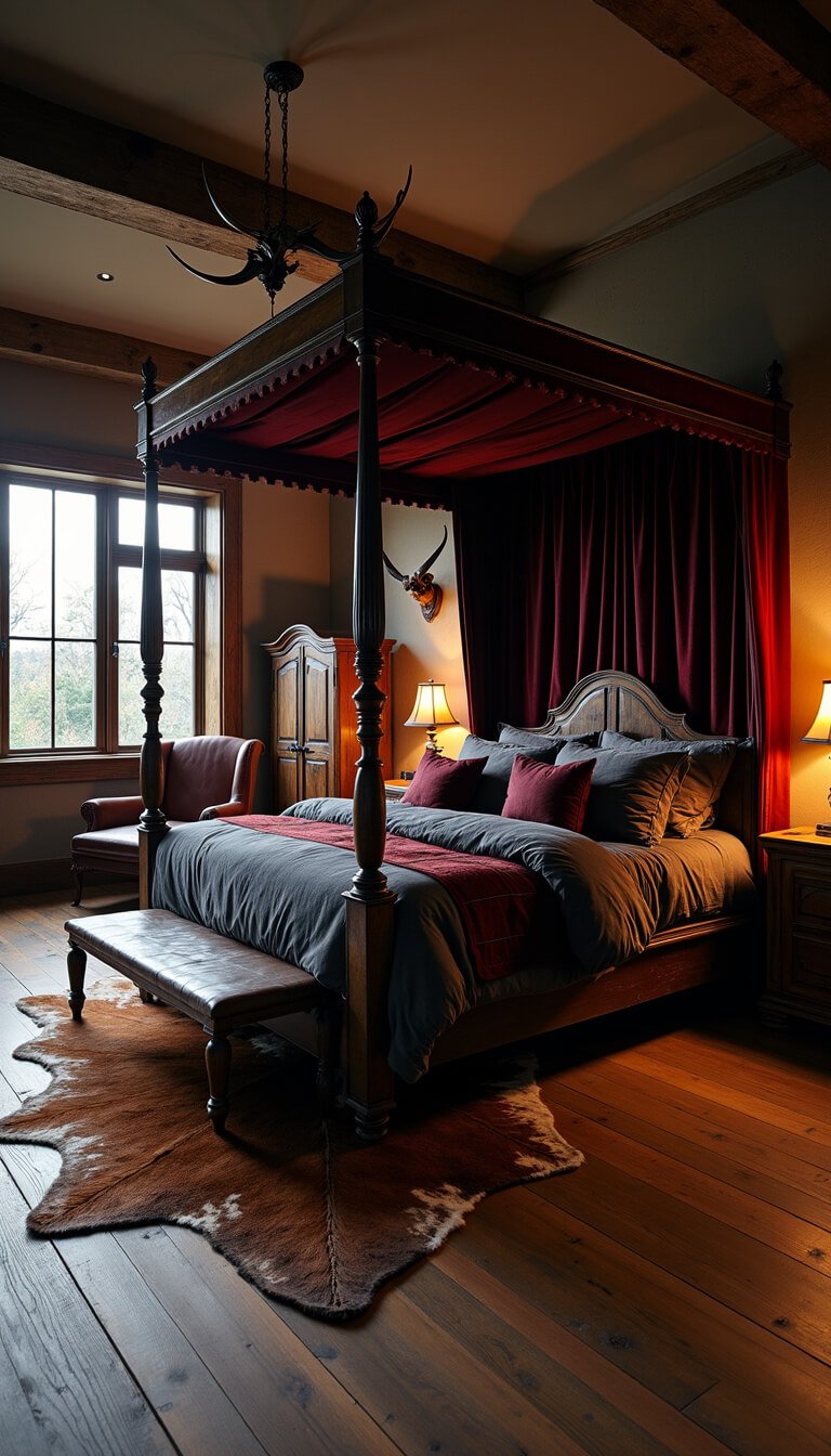 Moody Western Gothic bedroom at dusk with a four-poster bed, vintage decor, and dramatic lighting in a spacious dark-toned room.