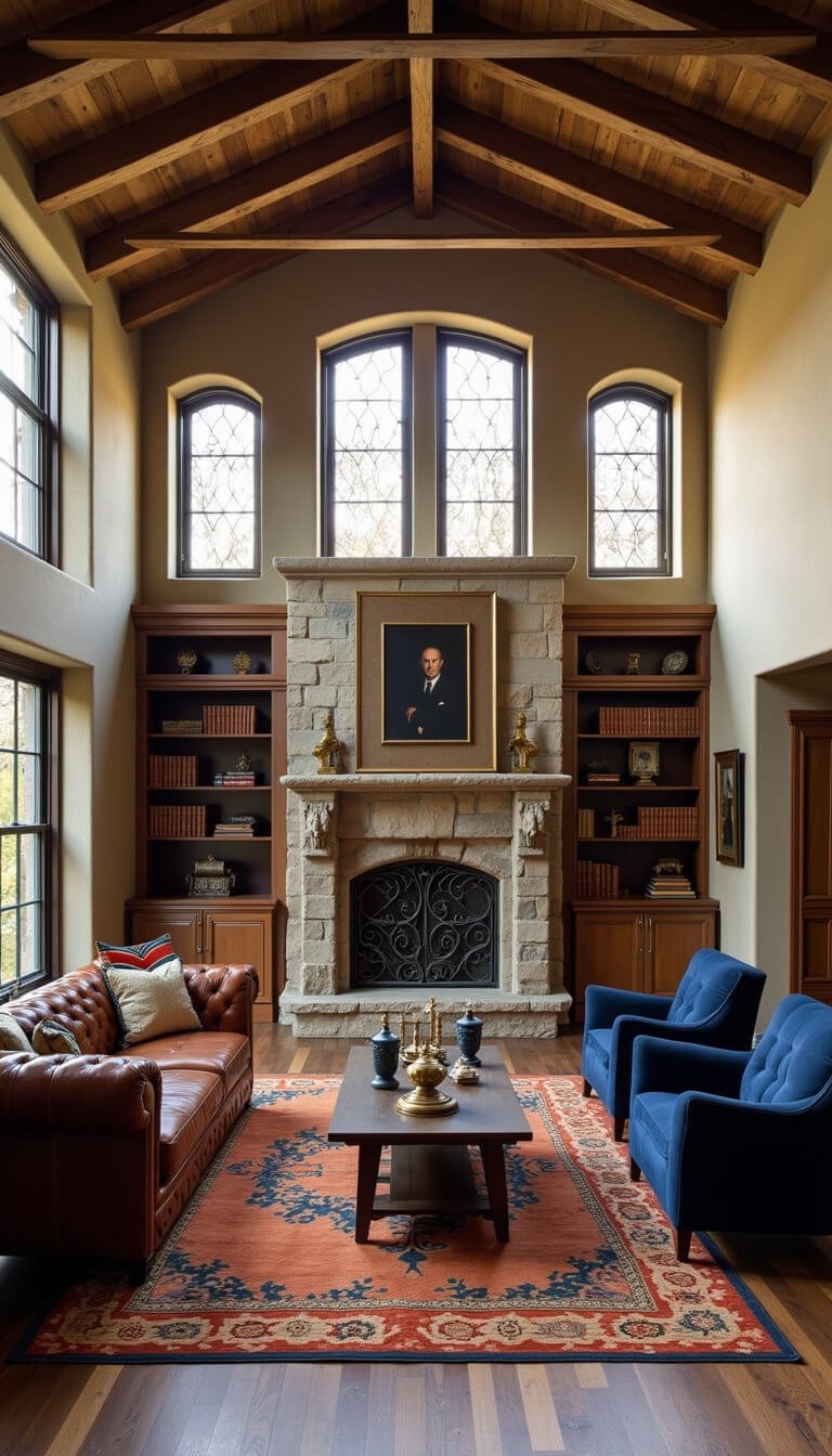 Low-angle view of a double-height living room at golden hour featuring cathedral windows, timber beams, a tobacco leather Chesterfield sofa, navy velvet chairs, stone fireplace, and vintage decor elements.