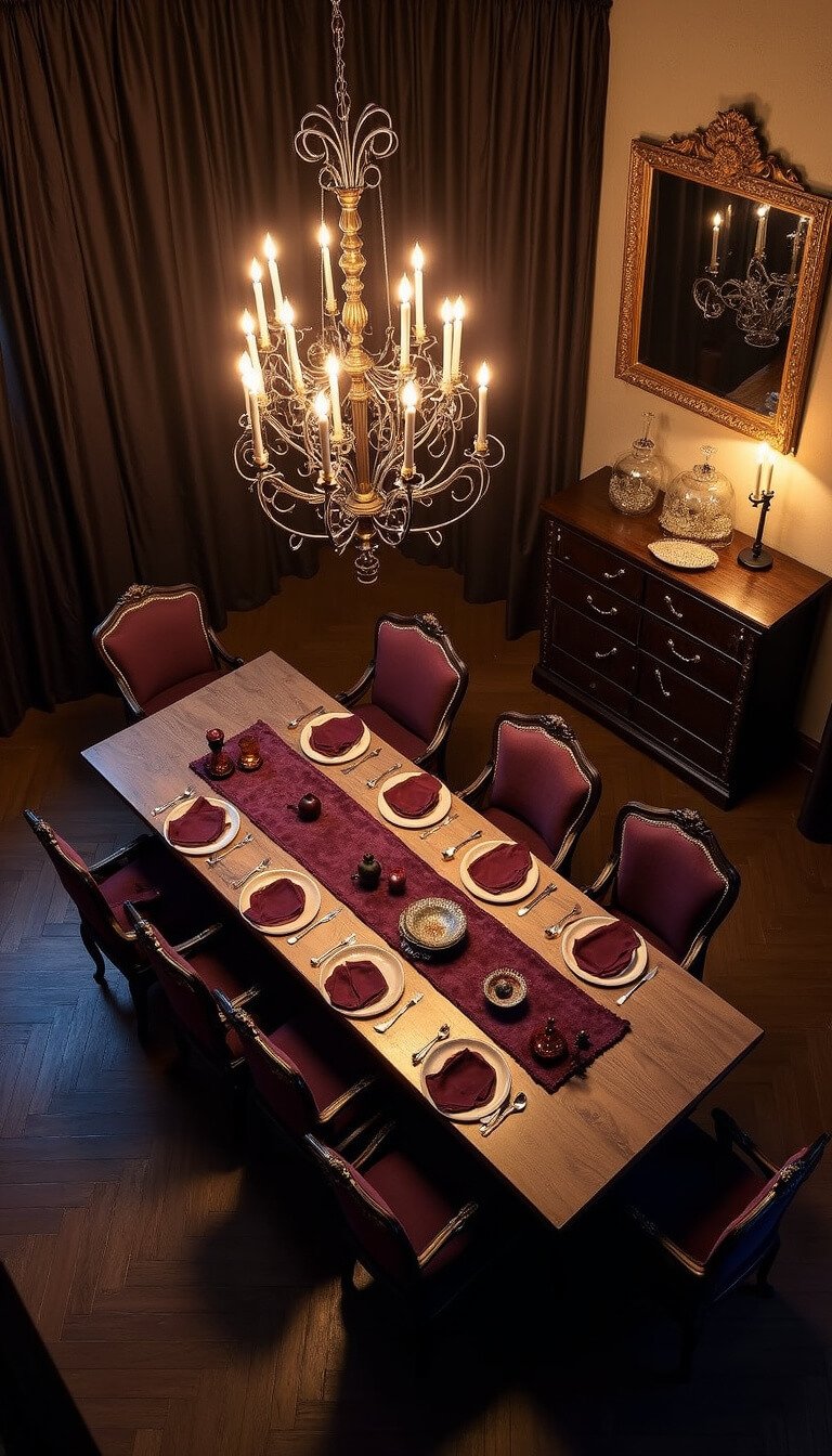 Bird's-eye view of an opulent twilight dining room with a wrought-iron chandelier above a large wood table, velvet chairs, candlelight reflections in gold mirrors, and dark luxurious decor.
