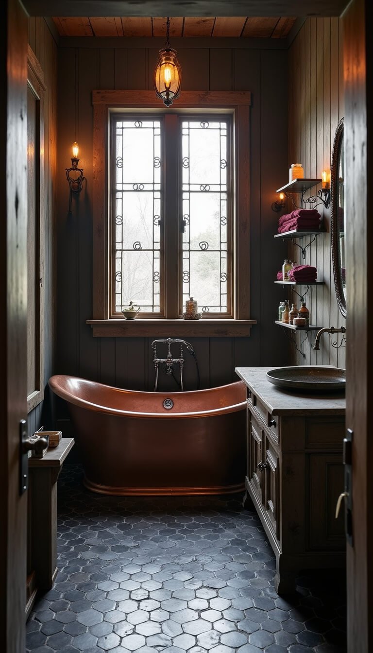 Gothic ranch-style bathroom with copper soaking tub on black hex tile, distressed charcoal shiplap wall, weathered oak vanity, ornate silver mirror, and ambient morning light through frosted windows.