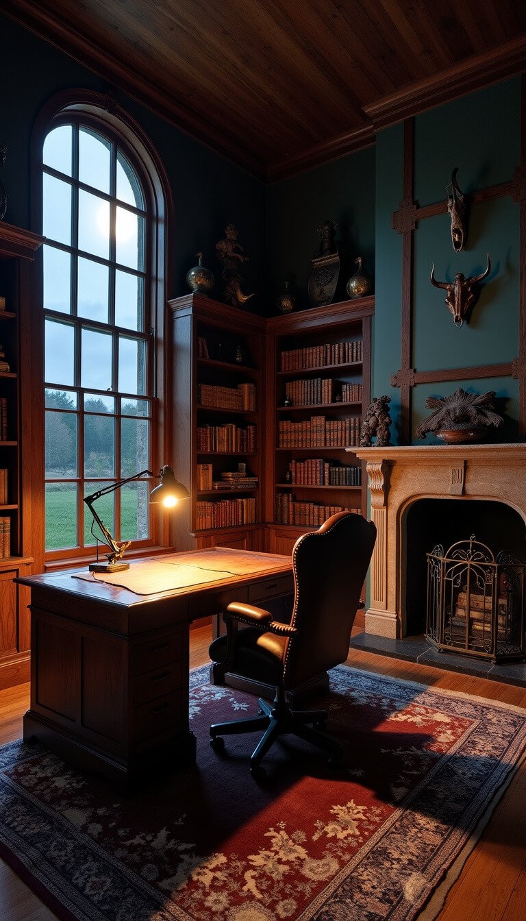 Eye-level view of a moody midnight home office with moonlight casting shadows, featuring a large barn-wood desk, vintage brass lamp, dark bookshelves filled with tomes and curios, and a leather chair before a stone fireplace.