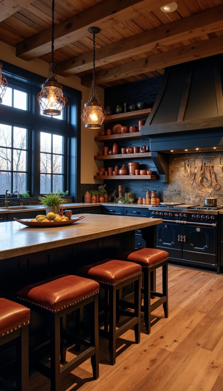 Twilight-lit rustic kitchen with black oak island, saddle leather stools, reclaimed wood shelves, copper pots, vintage black range, midnight blue tile backsplash, and wrought iron accents.