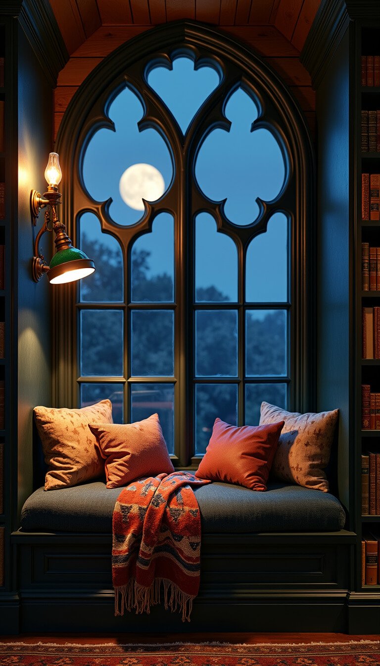 Close-up of a moonlit window nook with charcoal velvet seat, jewel-toned pillows, gothic bookshelves, and antique brass reading lamp casting warm light amid cool moonlight through leaded glass.