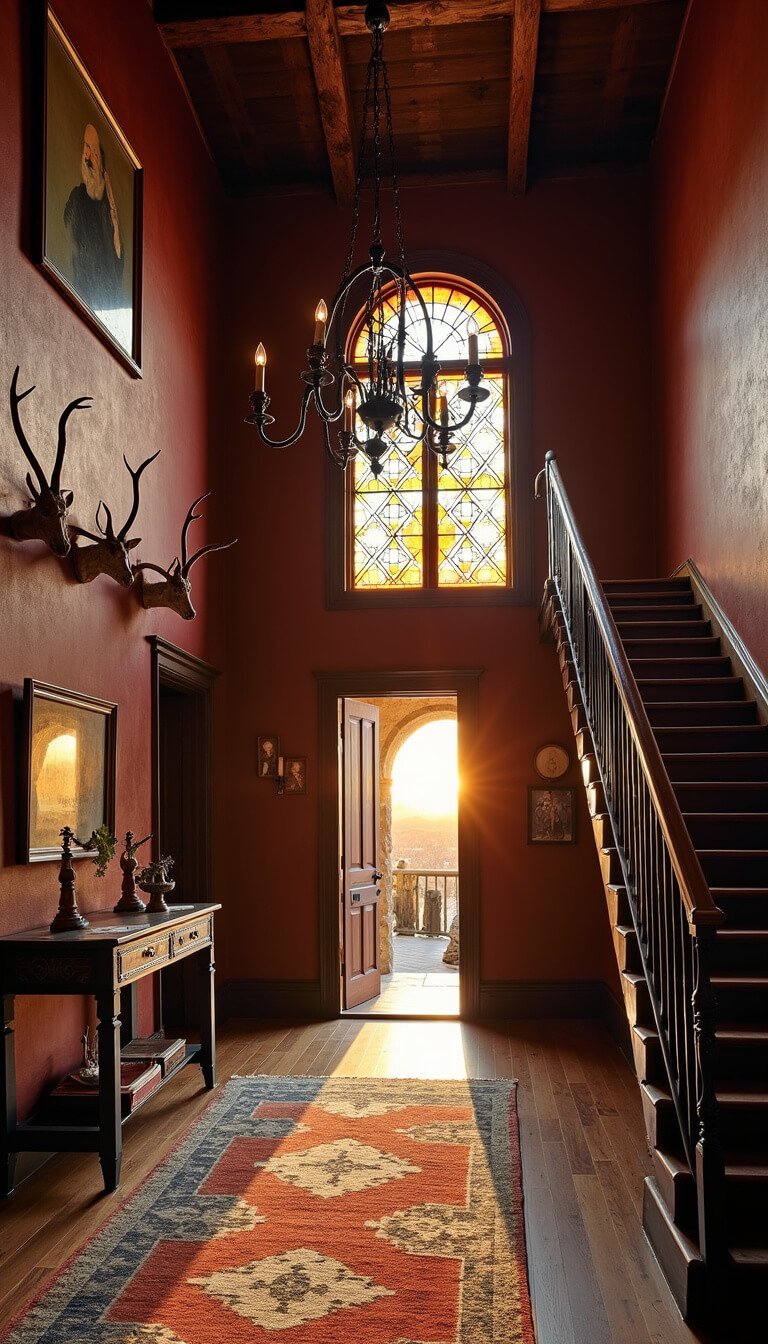 Dramatic vertical view of grand two-story foyer at sunset with stained glass lighting, wrought-iron chandelier, burgundy plaster walls, antique decor, and a curved staircase ascending into shadow.