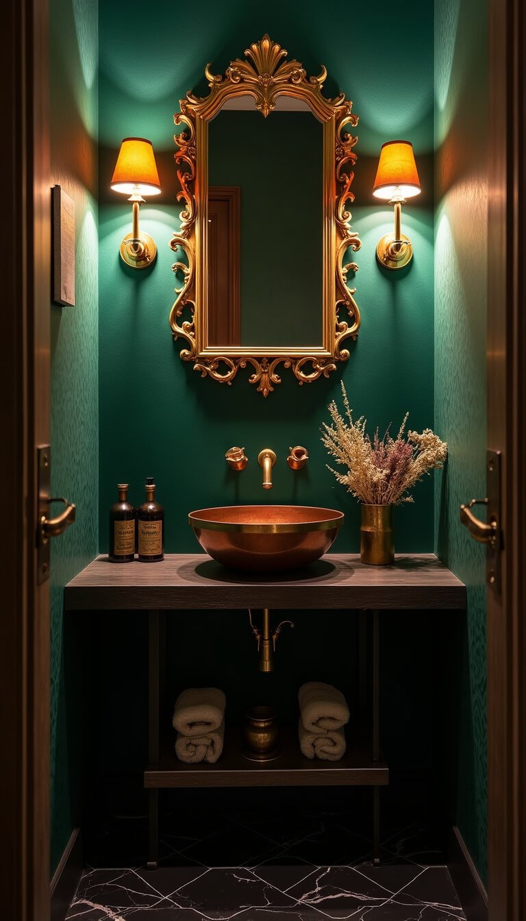 Moody powder room with emerald velvet damask wallpaper, tarnished gilded mirror, copper vessel sink on black oak shelf, brass fixtures, black marble hex tile floor, and vintage decor lit by amber sconces.