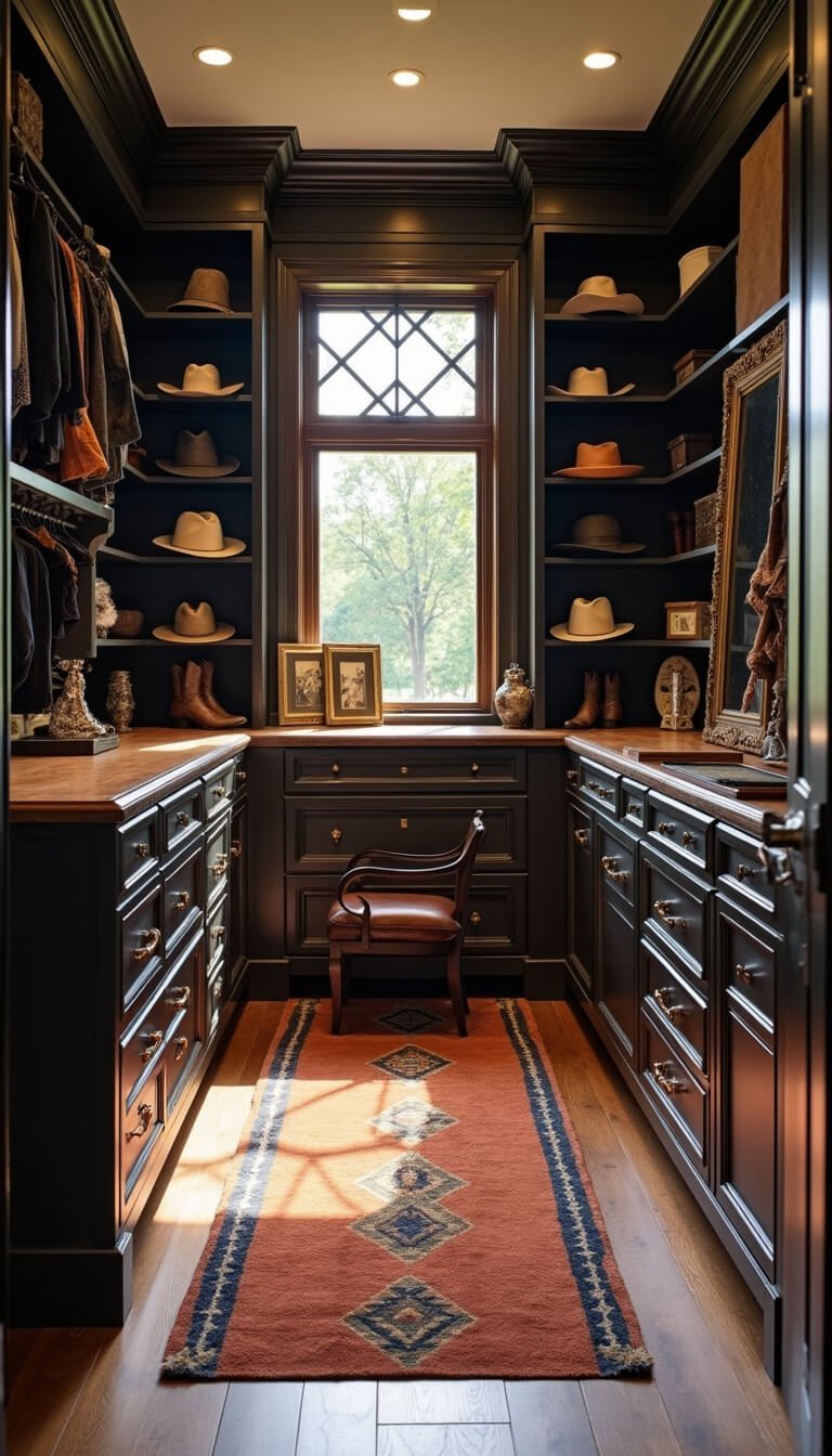 Walk-in closet with distressed black oak cabinetry, vintage western accessories, leather-topped island, antique mirror, Navajo-patterned runner, and morning light casting dramatic shadows.