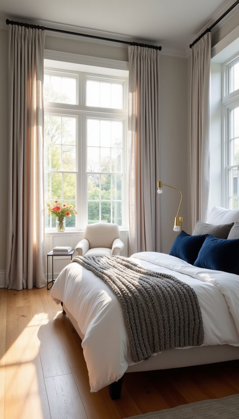 A serene bedroom with grey linen curtains billowing in sunlight, featuring white bedding, navy pillows, oak floors, and cozy reading nook with brass lamp.