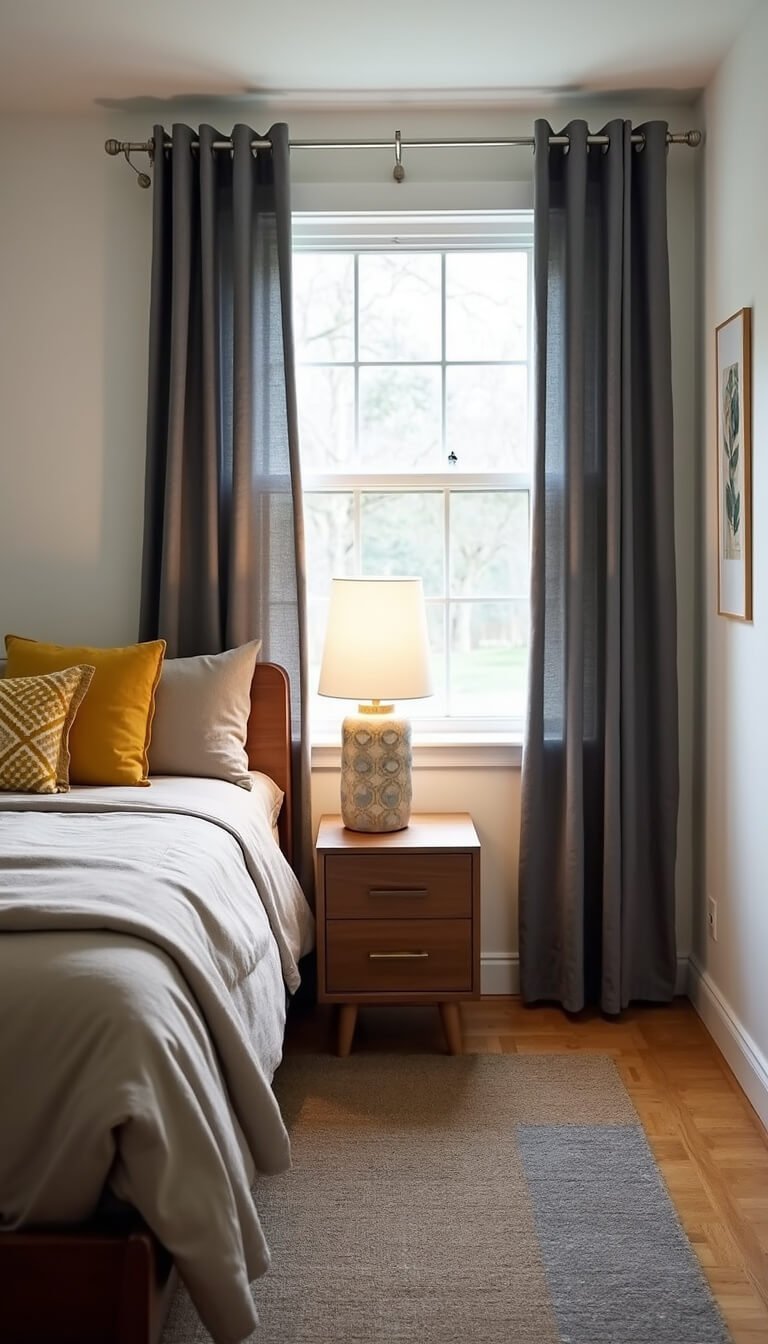 Cozy 10x12 bedroom with grey thermal curtains, mid-century bed with mustard pillows, jute and wool rugs, and thrifted nightstand under warm lighting.