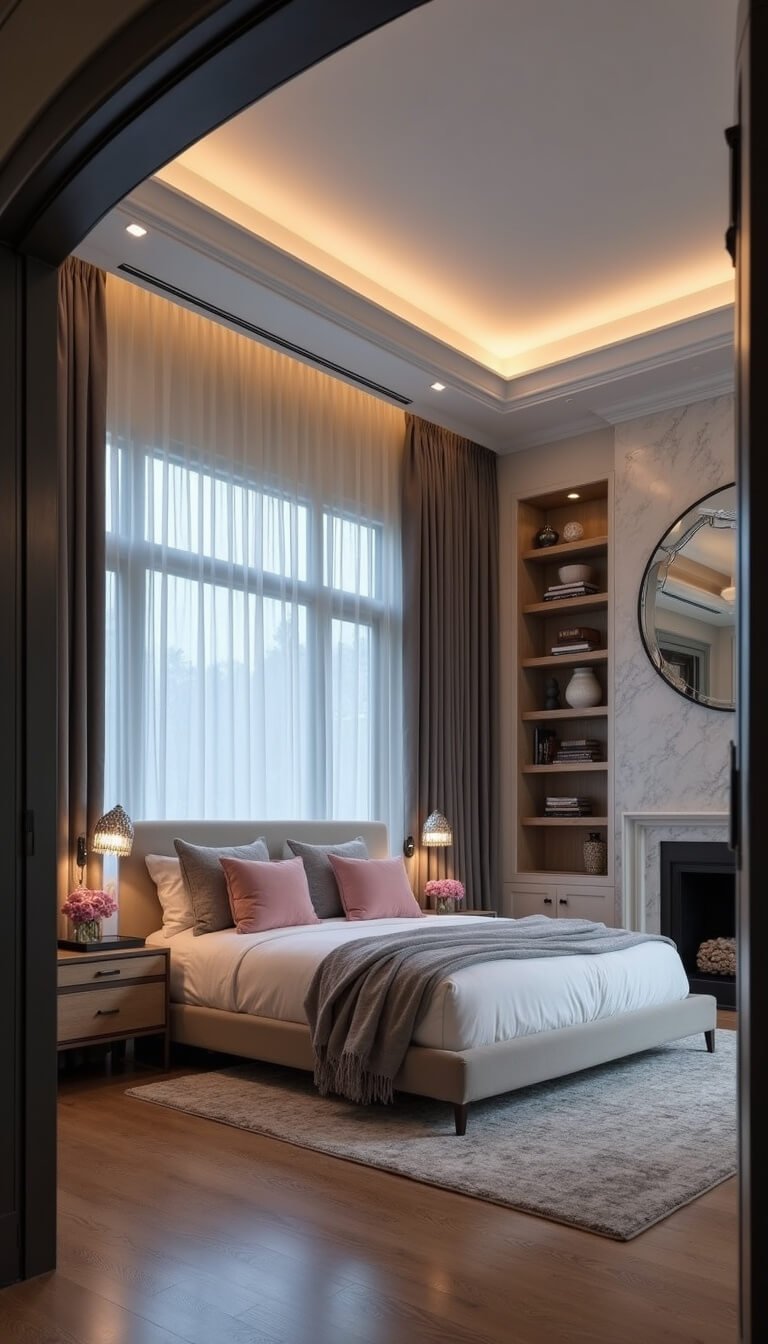 Luxurious master bedroom with grey velvet curtains, tray ceiling, California king bed, and ambient lighting.