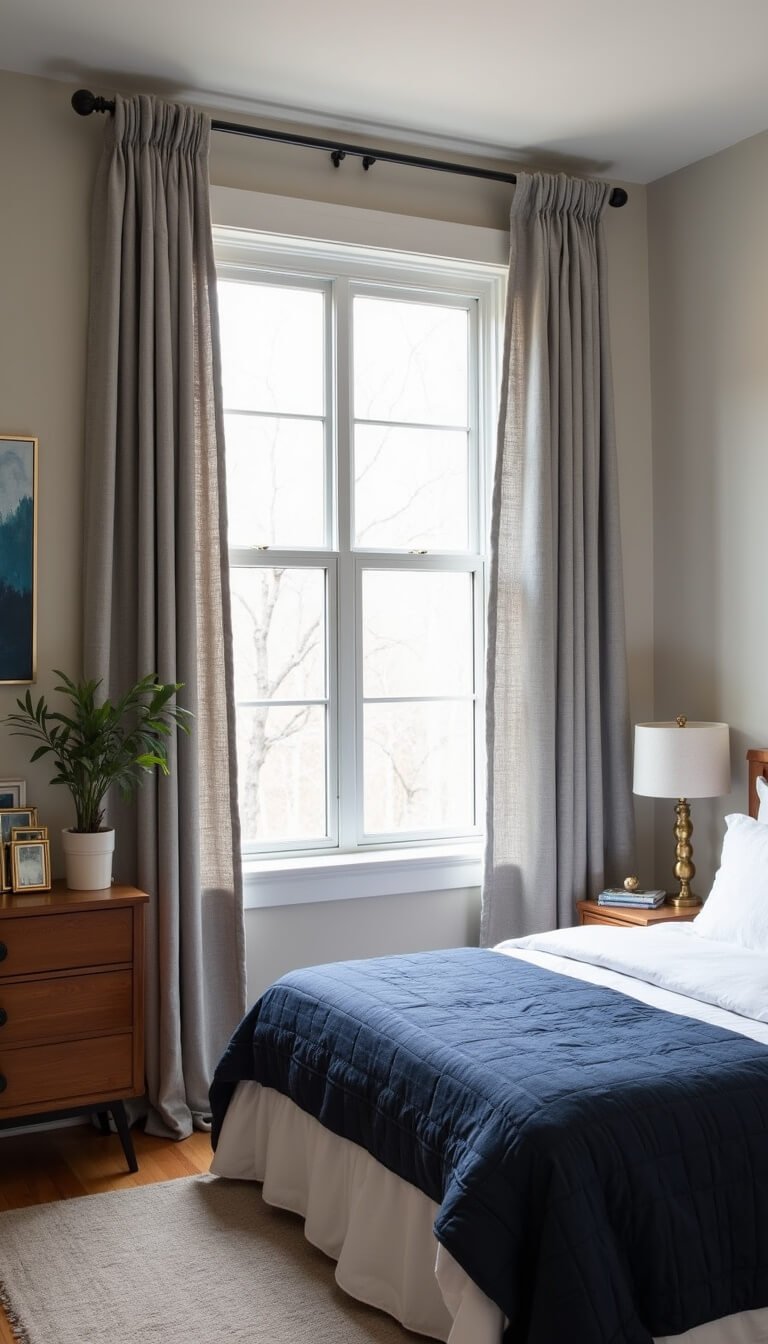 Small greige bedroom with high, wide dove grey curtains, full-size bed in white and navy, walnut dresser with brass accents, and abstract blue-grey artwork, captured in natural morning light.
