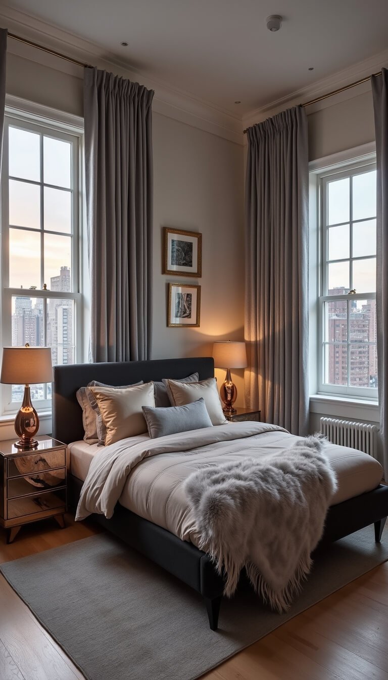 Glamorous grey and metallic bedroom with velvet bed, satin bedding, mirrored nightstands, and city-view windows draped in silver-grey curtains at twilight.