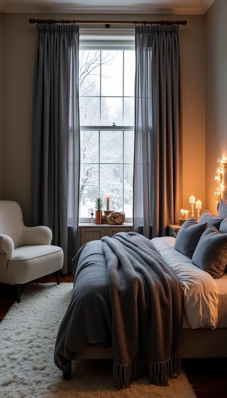 Cozy winter bedroom with storm-grey blackout curtains, layered queen bed, knit pillows, warm lighting, and snow-covered windows.