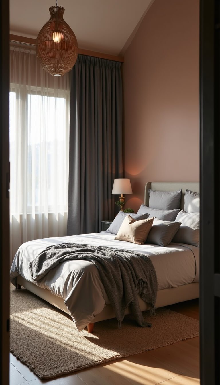 Textured grey bedroom with layered curtains, linen bedding, and natural fiber accents bathed in dramatic morning light.