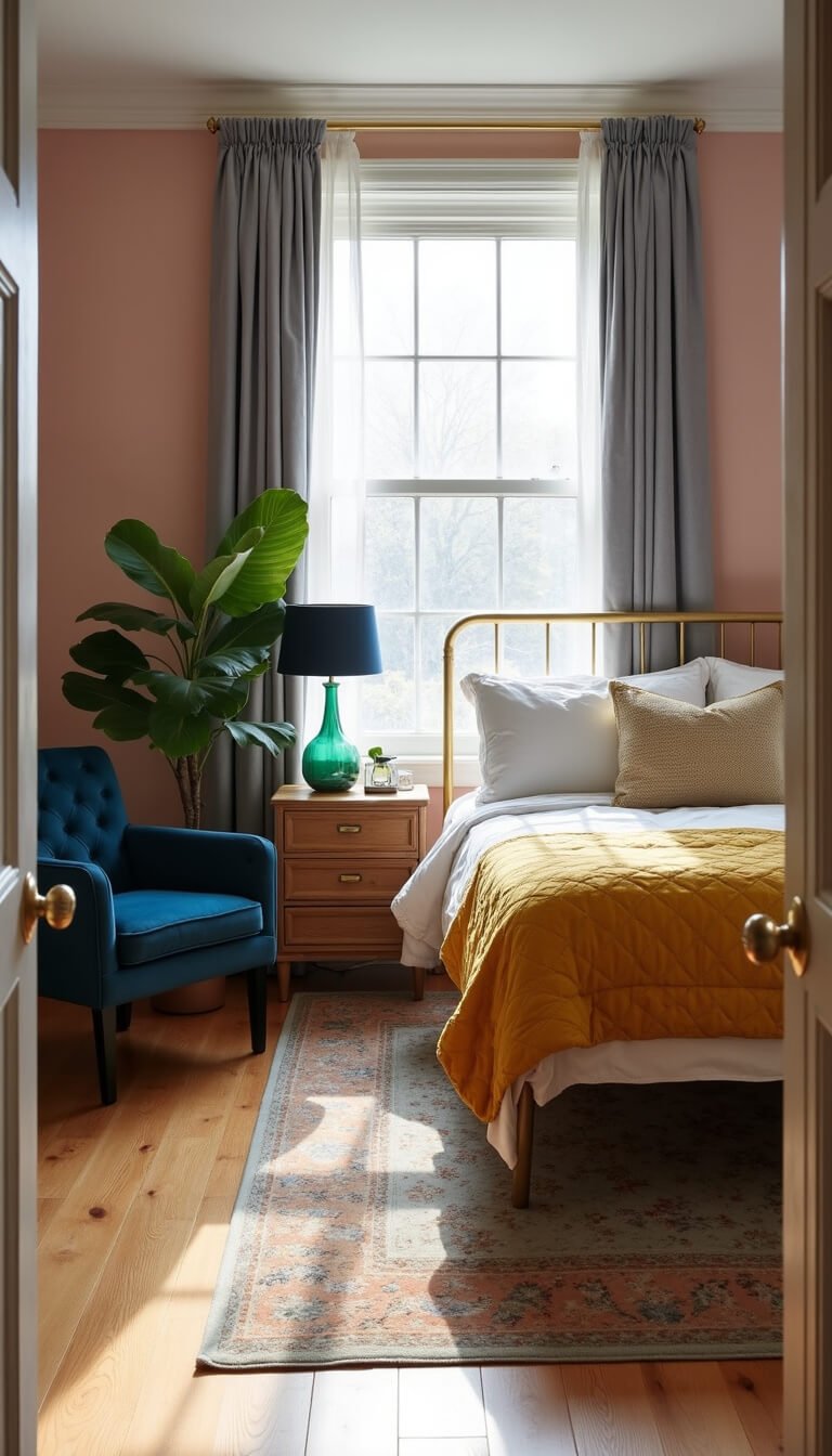 Bedroom with grey cotton curtains, blush pink walls, brass bed, mustard yellow coverlet, emerald green lamps, navy velvet chair, oak floors, and vintage rug.