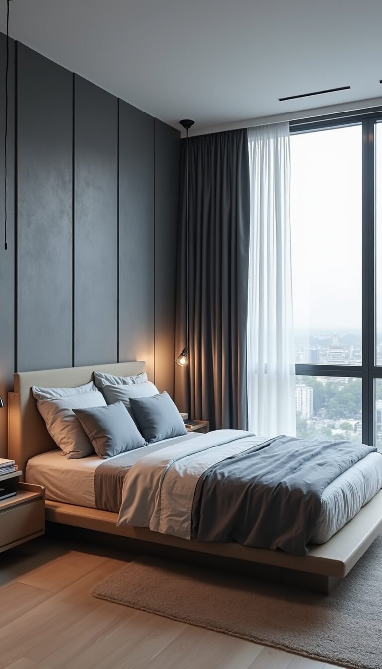 Modern 10x12 grey blackout bedroom with ceiling-mounted charcoal curtains, light maple floors, white walls, platform storage bed in grey and ice blue, floating nightstands, sleek desk, and smart home controls.