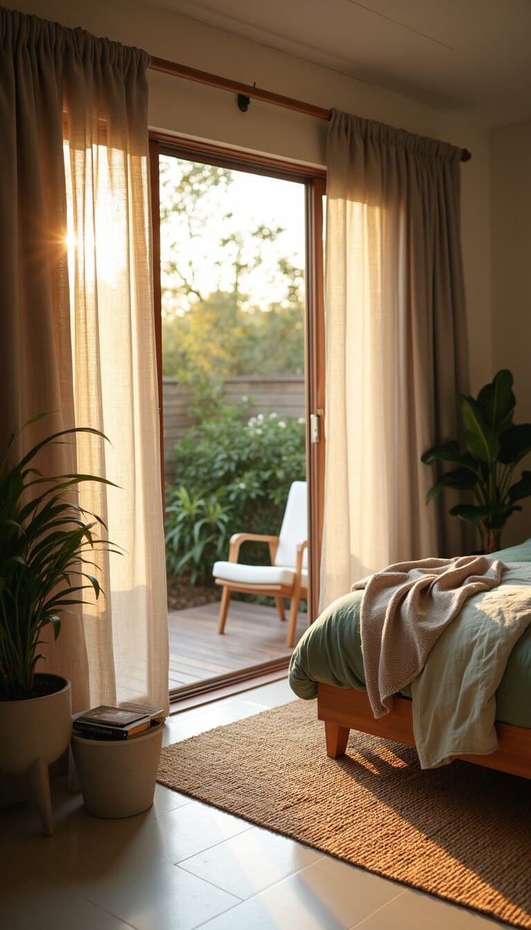 Golden hour light streams into a serene 13x15 bedroom with floor-length grey curtains billowing near sliding glass doors, revealing a natural interior with rattan bed, jute rug, sage and cream bedding, and indoor plants echoing the lush garden outside.