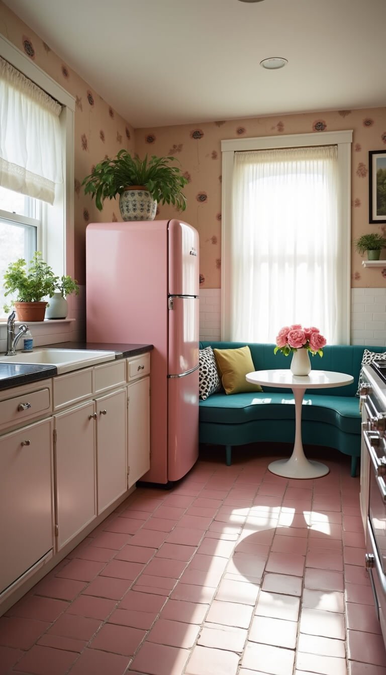 Retro-revival 14x16ft kitchen with pink 1950s tile floor, pastel pink Smeg fridge, checkerboard countertops, teal velvet banquette, white tulip table, and late afternoon light through sheer curtains.