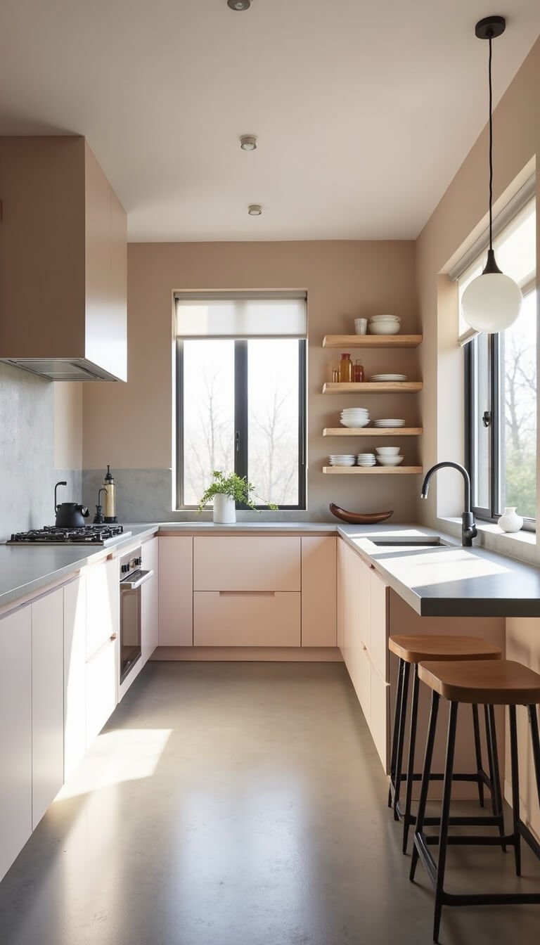 Minimalist 10x12ft galley kitchen with pale pink cabinets, polished concrete floor, floating oak shelves, quartz waterfall countertop, matte black accents, and frosted glass pendant in soft natural light.