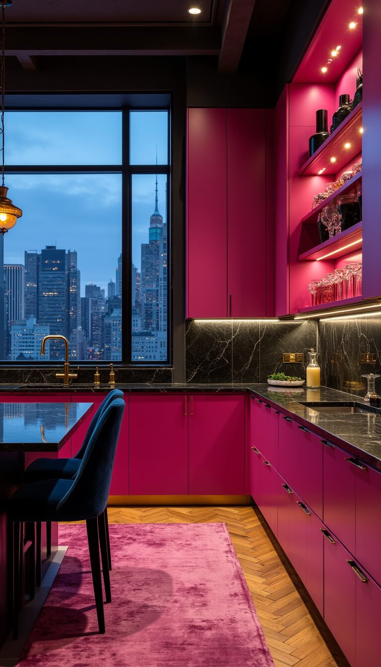 Luxurious high-ceilinged kitchen at twilight with raspberry blush cabinetry, fuchsia lighting, black marble island, navy velvet bar chairs, and brass accents against a dramatic cityscape backdrop.
