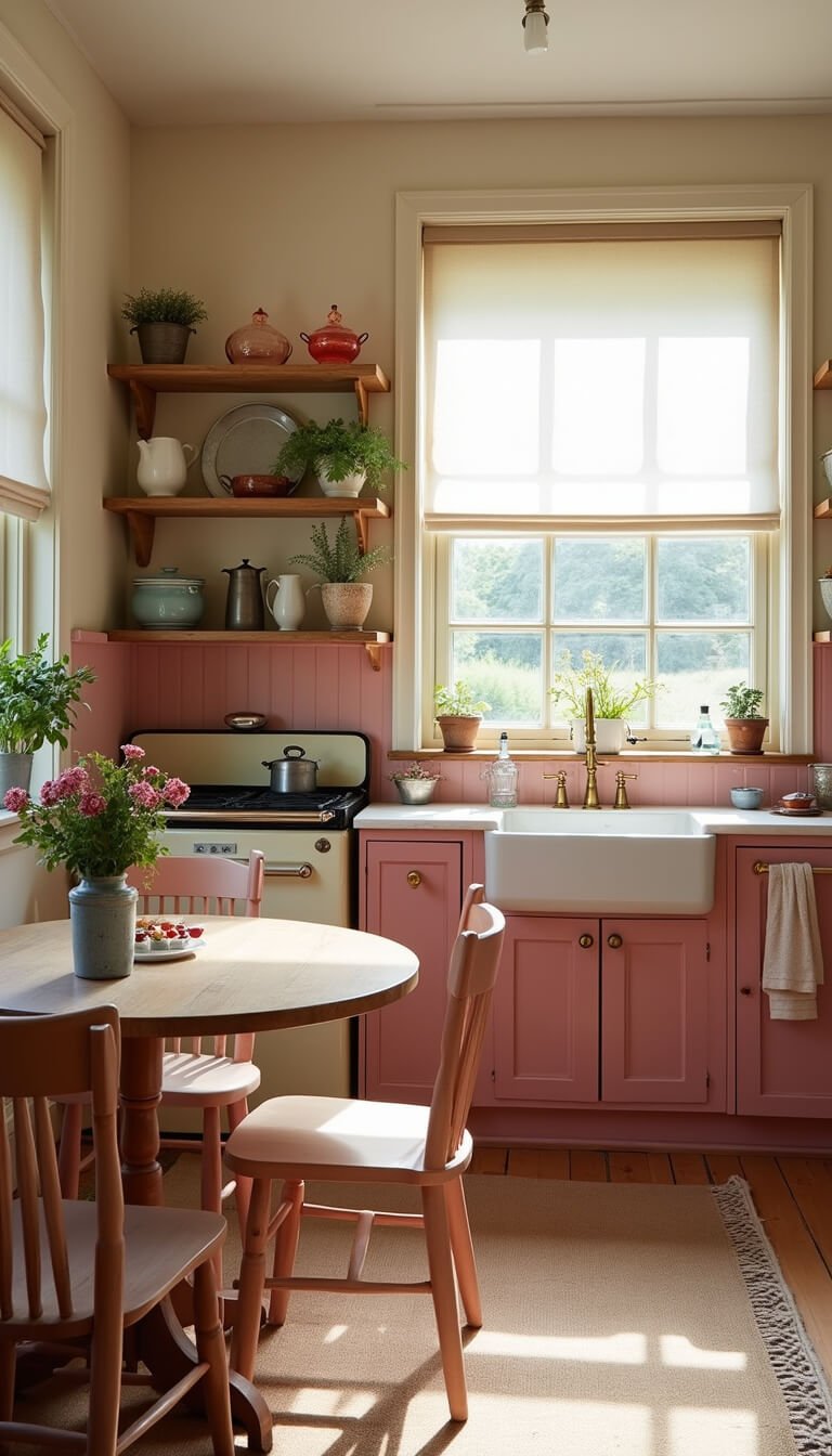 Cozy pink cottage kitchen at sunrise with vintage decor, cream Aga, oak table, beadboard backsplash, and soft natural light.