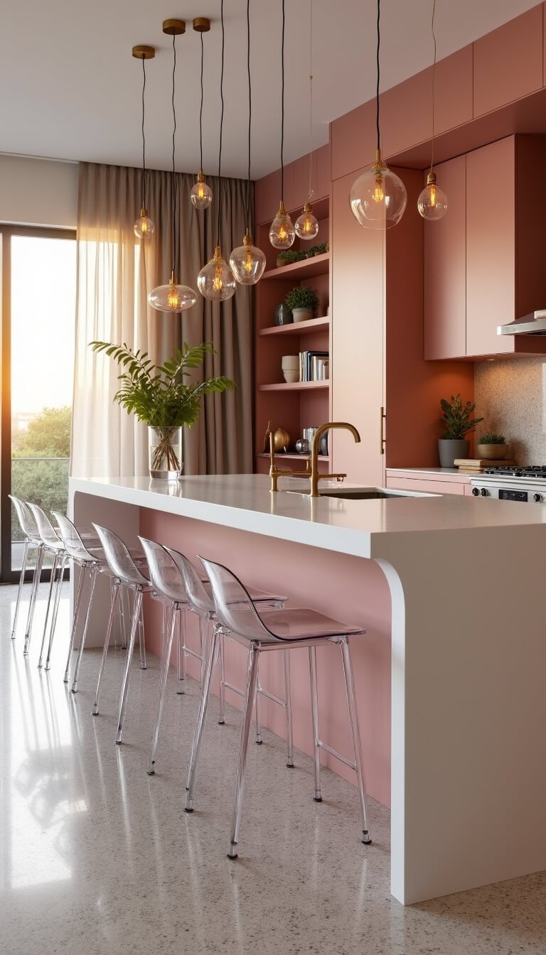 Open-concept pink kitchen with quartz island, brass shelving, terrazzo floor, and bubble glass pendant lights at golden hour.