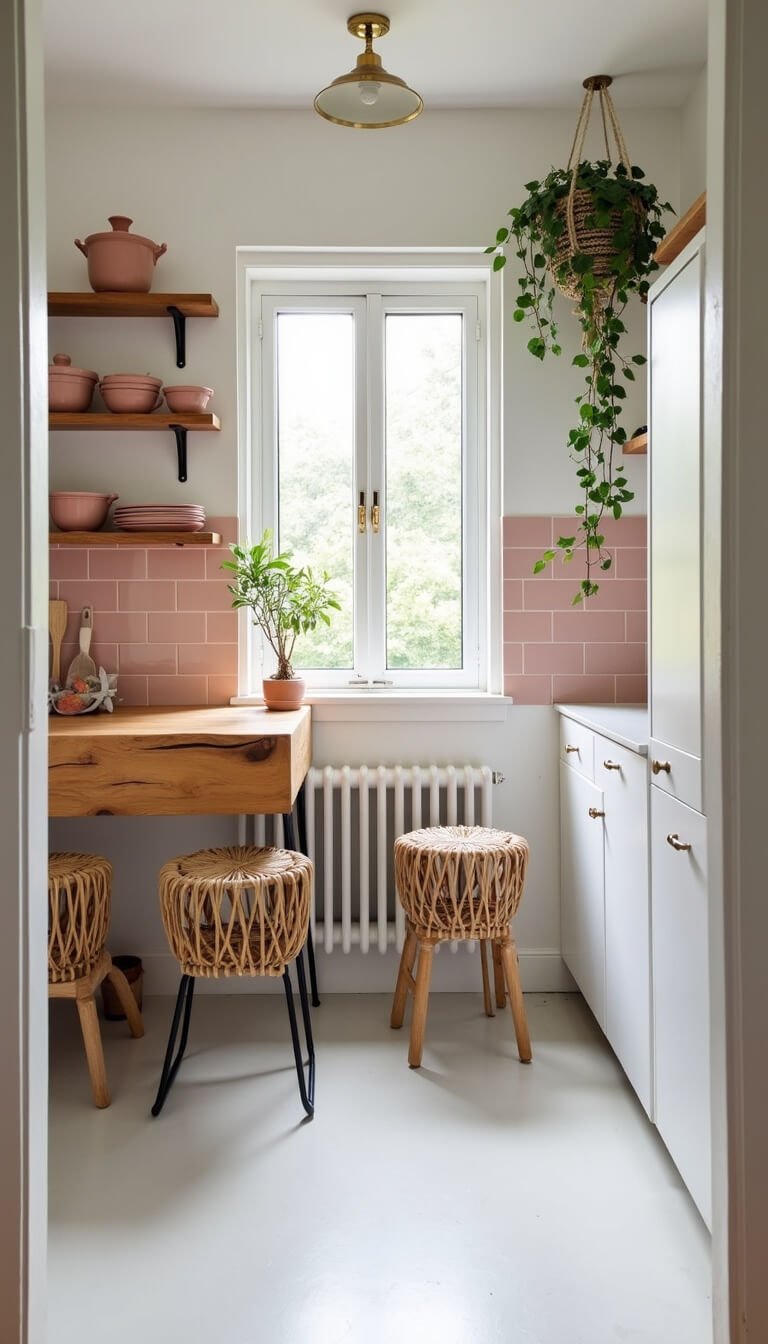 Bohemian-style 8x10ft kitchen nook with pink walls, handmade tile backsplash, oak shelves displaying pink stoneware, butcher block island, rattan stools, and trailing ivy by a sunlit bay window.
