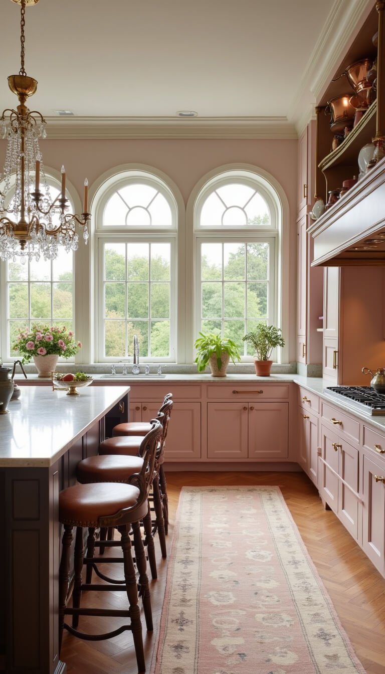 Elegant European-style kitchen with pink custom cabinetry, brass hardware, Calacatta marble surfaces, arched windows, oak herringbone floor, crystal chandeliers, and copper cookware.