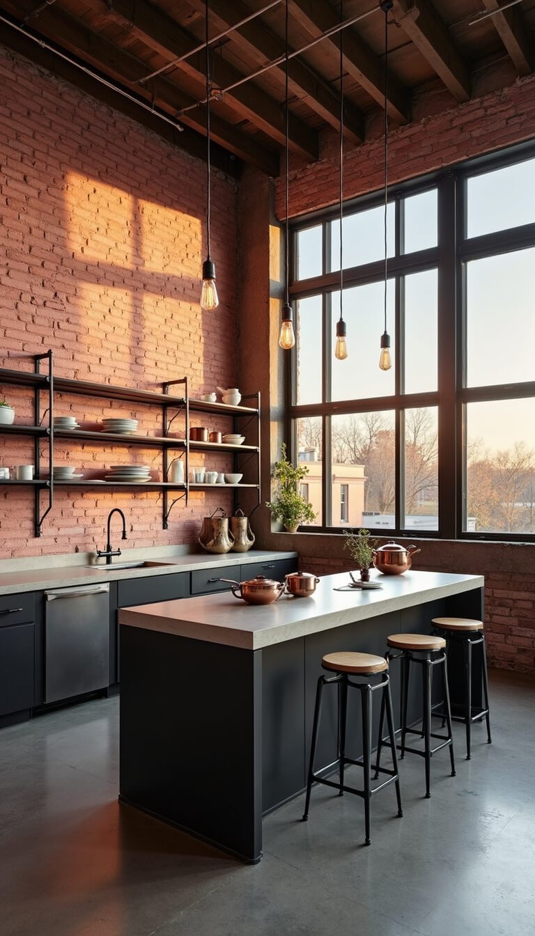 Industrial-style kitchen loft with dusty rose brick walls, concrete floors, and sunset light casting shadows through tall factory windows.