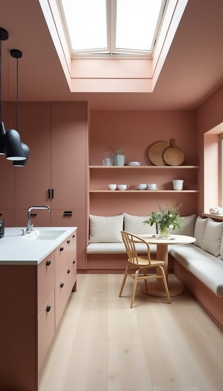 Scandinavian-style pink kitchen with herringbone ash floors, floating island, skylight lighting, black accents, and cozy breakfast nook.