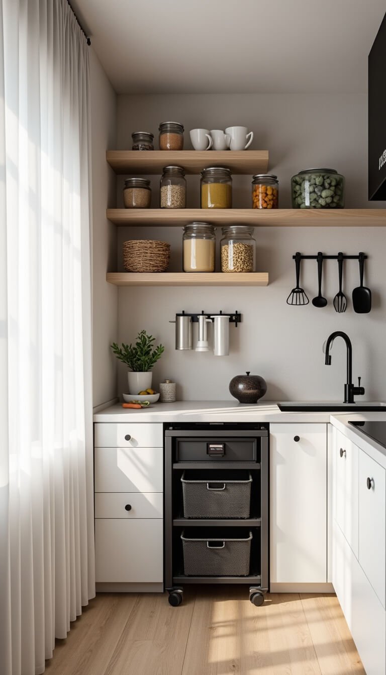 Compact urban kitchen with white floor-to-ceiling cabinetry, floating wooden shelves, a rolling cart with mesh baskets, pegboard utensil wall, and soft afternoon light highlighting organized storage.