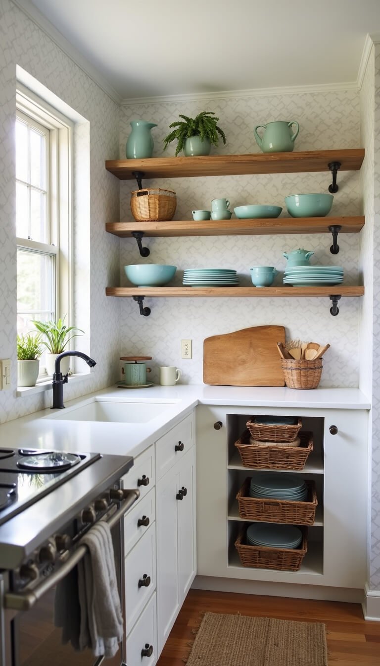 Bright, small rental kitchen with peel-and-stick marble backsplash, geometric wallpaper, open shelves, and minimal decor for a stylish, budget-friendly makeover.