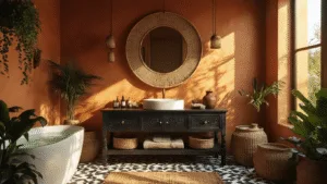 Sunlit luxury bathroom with terracotta accent wall, rattan mirror, wooden vanity, and tribal artifacts in golden hour light.