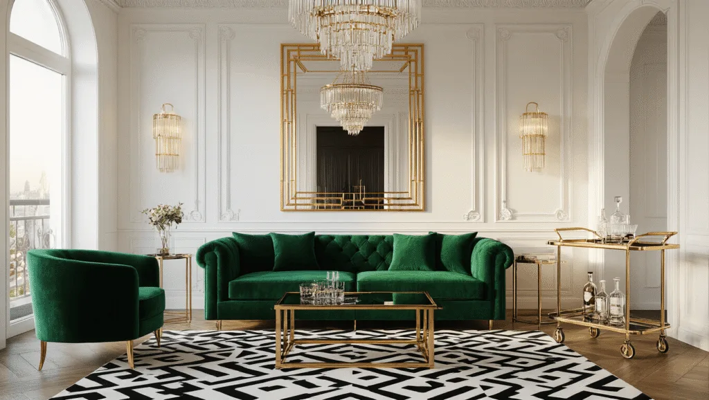 "Art Deco living room with emerald velvet sofa, gold-framed mirror, and crystal chandelier during golden hour"