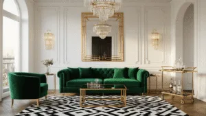"Art Deco living room with emerald velvet sofa, gold-framed mirror, and crystal chandelier during golden hour"