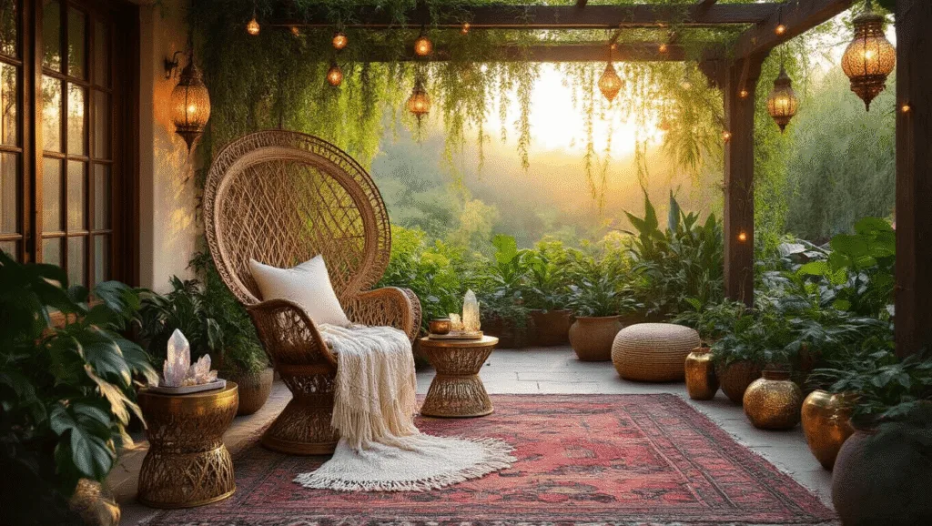 "Bohemian patio at sunset with vintage rattan peacock chair, Persian rugs, Moroccan lanterns, lush greenery, and Turkish floor cushions in a warm glow, atmospheric lighting."