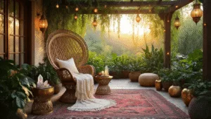 "Bohemian patio at sunset with vintage rattan peacock chair, Persian rugs, Moroccan lanterns, lush greenery, and Turkish floor cushions in a warm glow, atmospheric lighting."