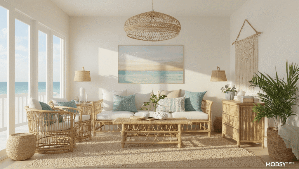 "Sunlit boho beach-style living room featuring rattan furniture, macrame decorations, and driftwood accents with coastal textures"