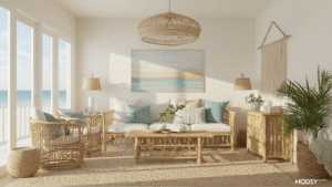 "Sunlit boho beach-style living room featuring rattan furniture, macrame decorations, and driftwood accents with coastal textures"