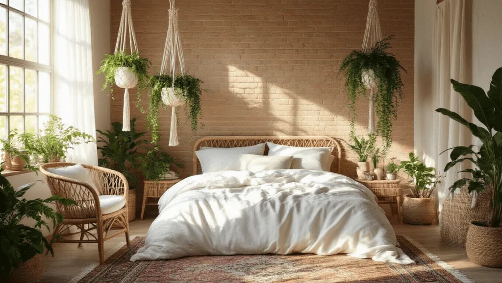 "Bohemian bedroom with macramé hanging plants, natural light, white linens, and rattan furniture"