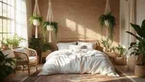 "Bohemian bedroom with macramé hanging plants, natural light, white linens, and rattan furniture"