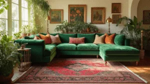 "Bohemian style living room with emerald velvet sectional sofa, colorful Persian rugs, brass accents, framed artworks, plants and warm sunlight illuminating the room."